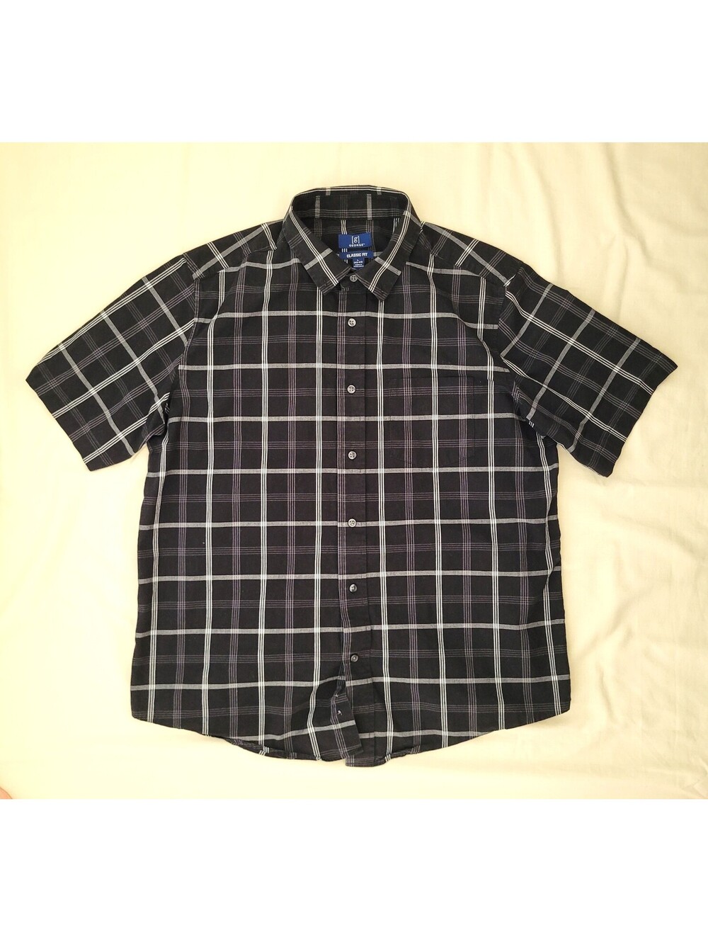 George Men's Large Black & Gray Plaid Short Sleeve Button Shirt Classic Fit
